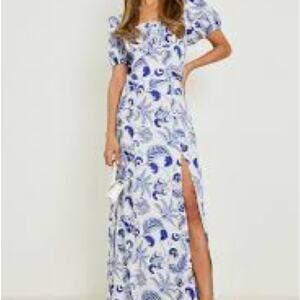Boohoo Dress Women‎ Size 6 Floral Porcelain Milkmaid Maxi Puff Sleeve Wedding